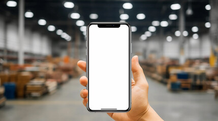 手にスマートフォンを持っている。背景は倉庫です。Generative AI
