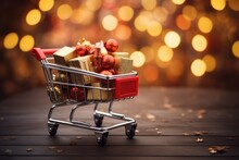 Shopping Cart Filled With Different Presents For Chirstmas. Generative AI