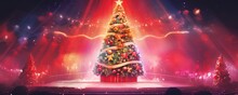 Beautiful Christmas Tree On A Red Background. Generative AI