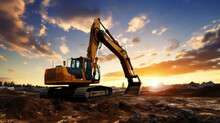 Crawler Excavator During Earthwork On Construction Site At Sunset. Heavy Earth Mover On The Construction Site.