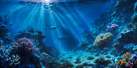 Wall Mural - Undewater world landscape, reef, sea bottom with corals and seaweeds