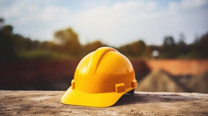 Wall Mural - Helmet in construction site and construction site worker background safety first concept