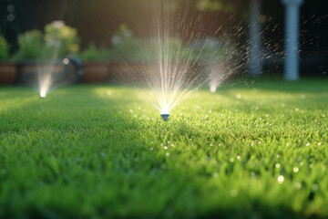 Automatic lawn sprinkler watering green grass. Sprinkler with automatic system. Garden irrigation system watering lawn. Water saving or water conservation from sprinkler system. Generative AI.