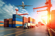 © Artinun - Global business logistic and transportation import export goods. Container cargo freight ship at international port. Cargo plane flying above truck shipping container. Logistic industry. Generative AI