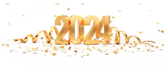 golden 2024 3d numbers, golden confetti stars and golden ribbons. happy new year 2024
