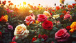Colorful roses blooming in the garden at sunset. Nature background