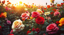 Colorful Roses Blooming In The Garden At Sunset. Nature Background