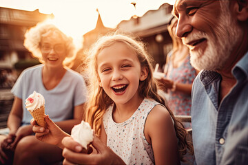 Happy kid girl eat ice cream with family and grandfather in cafe at summer park