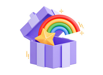 Wall Mural - 3D Open gift box with cute shooting star with rainbow tail. Sparkle emoji. Birthday surprise. Magic decoration. Purple present. Cartoon creative design icon isolated on white background. 3D Rendering