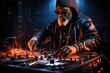 © Wizzi - Dj spinning a record playing music, in the style of luminous light effects, created with generative ai