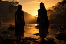 Tribal Or Native Indigenous Women At Sunset By The River, Native American Heritage Month, International Day Of The World's Indigenous Peoples Or Native American Day. Created With Generative Ai