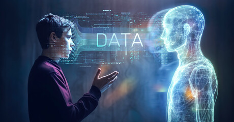 robotics or ai artificial intelligence connecting data with human.chat bot software network.big data