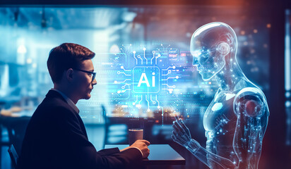 robotics or ai artificial intelligence connecting interaction with human.chat bot software network.b