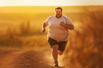 Overweight man running and jogging outdoors at dawn