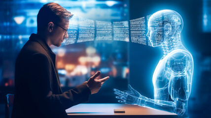 robotics or ai artificial intelligence connecting interaction with human.chat bot software network.b