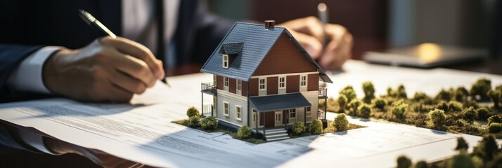 Real estate agent talked about the terms of the home purchase agreement and asked the customer to sign the documents, Home sales and home insurance concept. Made With Generative AI.