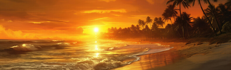 Leinwandbilder - Sunset on the Ocean Sand Beach with Palm Trees Landscape extreme closeup. Generative AI