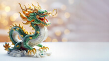 Traditional Chinese Dragon On Festive Golden Bokeh Background. Statuette Of A Green Wooden Dragon, 2024 New Year Symbol. Chinese New Year, Christmas, Winter Holidays Postcard. Green Wooden Dragon 2024