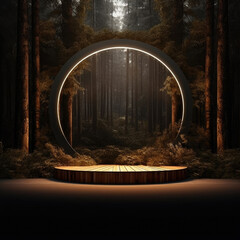 Poster - Empty Product Wooden Round Stage Podium in Green Forest Natural Environment extreme closeup. Generative AI.