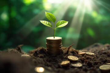 Poster - Wealth Business Concept. New Tree Growing in a Stacks of Coins extreme closeup. Generative AI