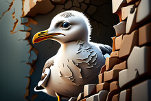Baby Seagull Looking From Cracked Wall Close Up. Generative AI