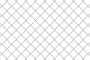 Vintage black and white dashed dots criss crossed lines quilted square grid pattern. Diagonal crossing dash stripes form a diamond rhombus structure background. Vector template.