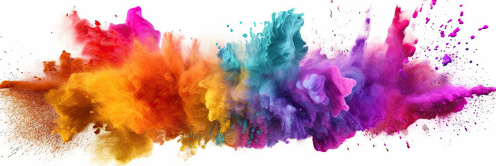 Wall Mural - Multicoloured holi powder explosion on a white background. Panoramic view. Generative AI