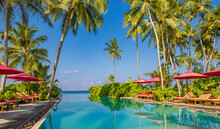 Panoramic Holiday Landscape. Luxury Beach Poolside Resort Hotel Swimming Pool, Beach Chairs Beds Umbrellas Palm Trees, Relax Lifestyle, Blue Sunny Sky. Summer Island Seaside, Leisure Travel Vacation