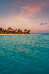 Wall Mural - Beautiful panoramic sunset tropical paradise beach. Tranquil summer vacation or holiday landscape. Tropical sunset beach seaside palm calm sea panorama exotic nature view inspirational seascape scenic