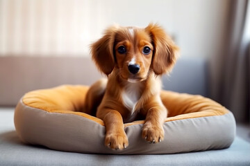 Senior spaniel dog laying on dog bed, AI Generated