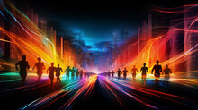 Abstract Representation Of A Charity Run, Streaks Of Bright Neon Colors Representing Runners On A Path, Blurred Motion Effect, Energetic, Vivid Colors On Black Background, Photorealistic Style