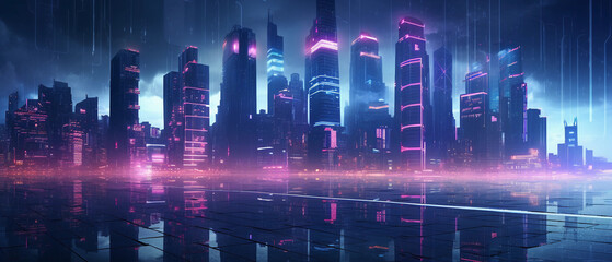 Wall Mural - digital cityscape at night, 3d rendered, high - rising neon - lit skyscrapers, floating holographic 