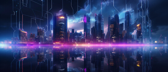 Wall Mural - digital cityscape at night, 3d rendered, high - rising neon - lit skyscrapers, floating holographic 