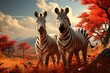 In the field, two zebras stand with background trees. (Generative AI)