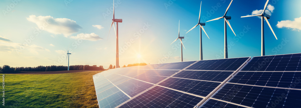 Rows of solar panels and wind turbines on green landscape - hybrid ...