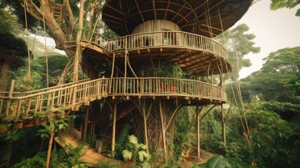 Wall Mural - The large tropical treehouse with stair in jungle. Generative AI image AIG30.