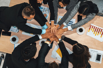 Wall Mural - Happy business people celebrate teamwork success together with joy at office table shot from top view . Young businessman and businesswoman workers express cheerful victory show unity support . Jivy