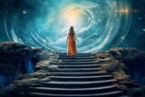 Fototapeta Fototapety kosmos - A woman walking up the stairs in a planetarium-themed concept