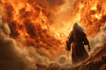 elijah praying to god and causing fire to fall from heaven on the sacrificial altar facing the proph