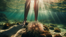 Tourist Legs Step On Sea Urchin, Underwater View Of Woman Legs Near Sea Urchin On Seabed, Sea Urchin Injury Concept, Swimming In Sea In Wrong Places, Female Walking Near Sea Urchin, Generative AI