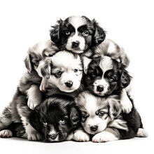A Group Of Black And Grey Puppies Pile Up On A Clear White Background.