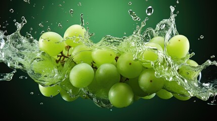 Wall Mural - Juicy green grapes. Grape juice splash. Ripe grapes in water splash creative vector illustration. Juicy fruits and juice. Water drops. Natural white wine. Winery. Generative ai.