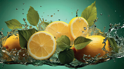 Wall Mural - Juicy lemon with mint. Splash of refreshing lemonade with mint. Slices of lemons in splashes of water. Juicy citruses creative vector illustration. Juicy fruit, mojito, lemon juice. Water drops.