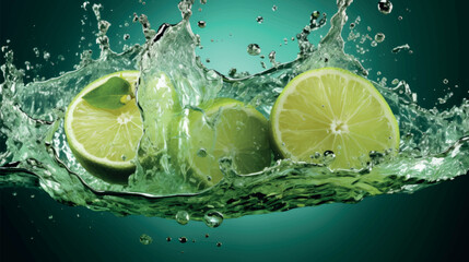 Wall Mural - Juicy lime with mint. Splash of mojito with lime and mint. Refreshing lime in splashes of water. Juicy citruses creative vector illustration. Juicy fruits, lemonade and lemon juice. Water drops.