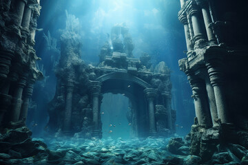 Ancient underwater city ocean scene generative ai