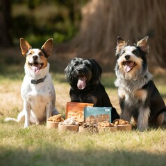 Three dogs sit in the grass with a box of dog food