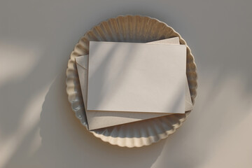 Summer minimal wedding stationery. Blank horizontal greeting card mockup with beige envelope, invitation. Ceramic scallop dinner plate in sunlight. Table background with shadows overlay. Flatlay, top