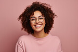 Fototapeta  - Portrait Of Cheerful Laughing Young Girl On Copyspace. Mixed Race Student in Glasses.