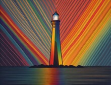Picture Illustrating A Lighthouse Emanating Rainbow Light, Embodying Concepts Of Hope, Joy, And Diversity.