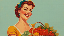 Paper Textured Vintage Style Illustration Of Cheerful Woman Holding A Basket With Fresh Organic Fruits And Vegetables. Happy Housewife Of The 1950s Concept. Copy Space For Text. Generative AI.